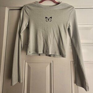 Light Blue Urban Nation Butterfly Long Sleeve Crop Top